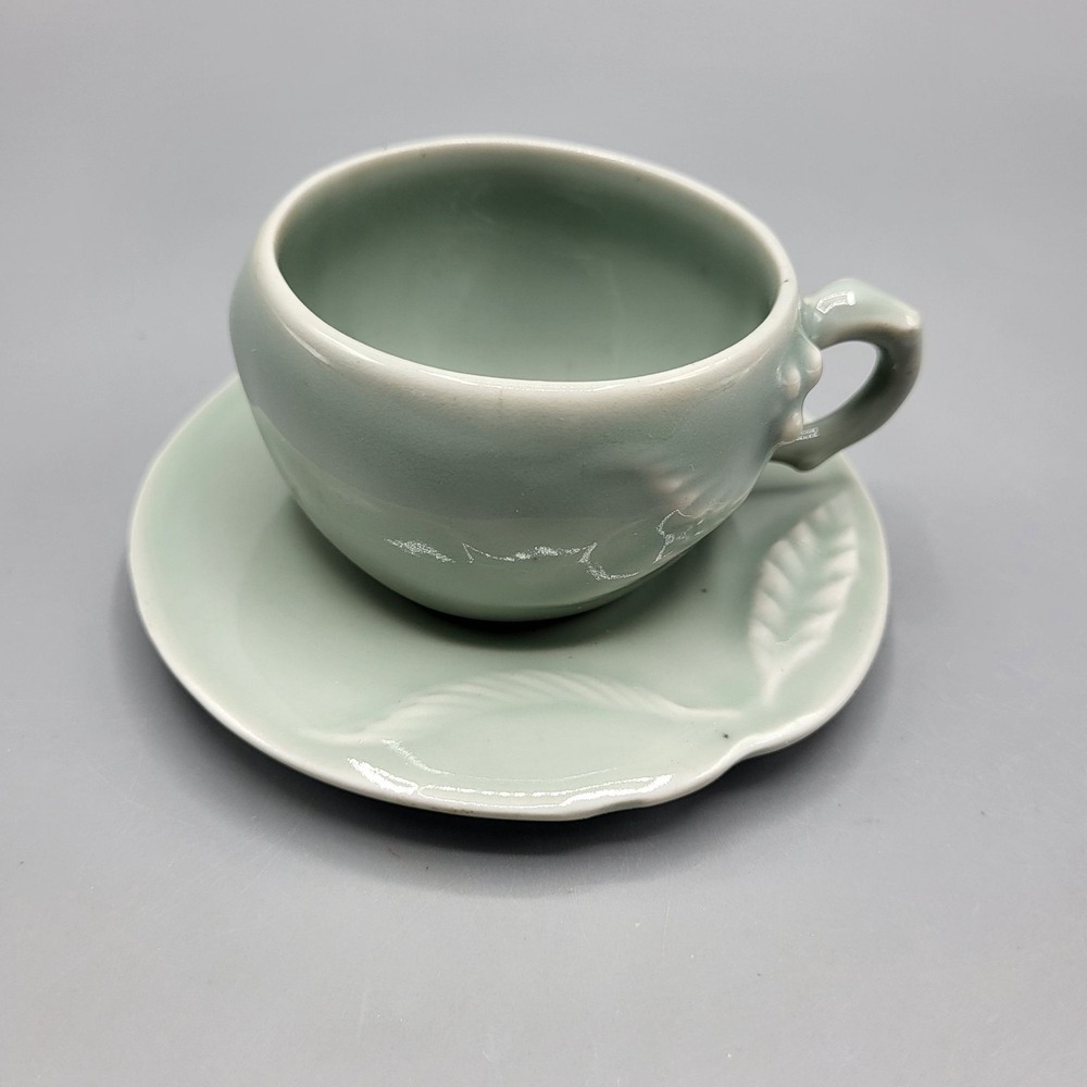Vintage Longquan Celadon Tea Cup and Saucer Set Leaf Design Ceramic
